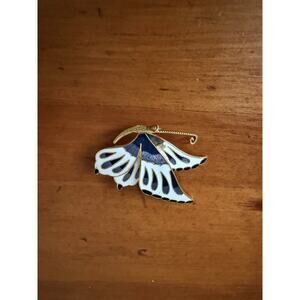 Vintage Enamel Butterfly Brooch Gold Tone Cloisonné Style Blue Black White